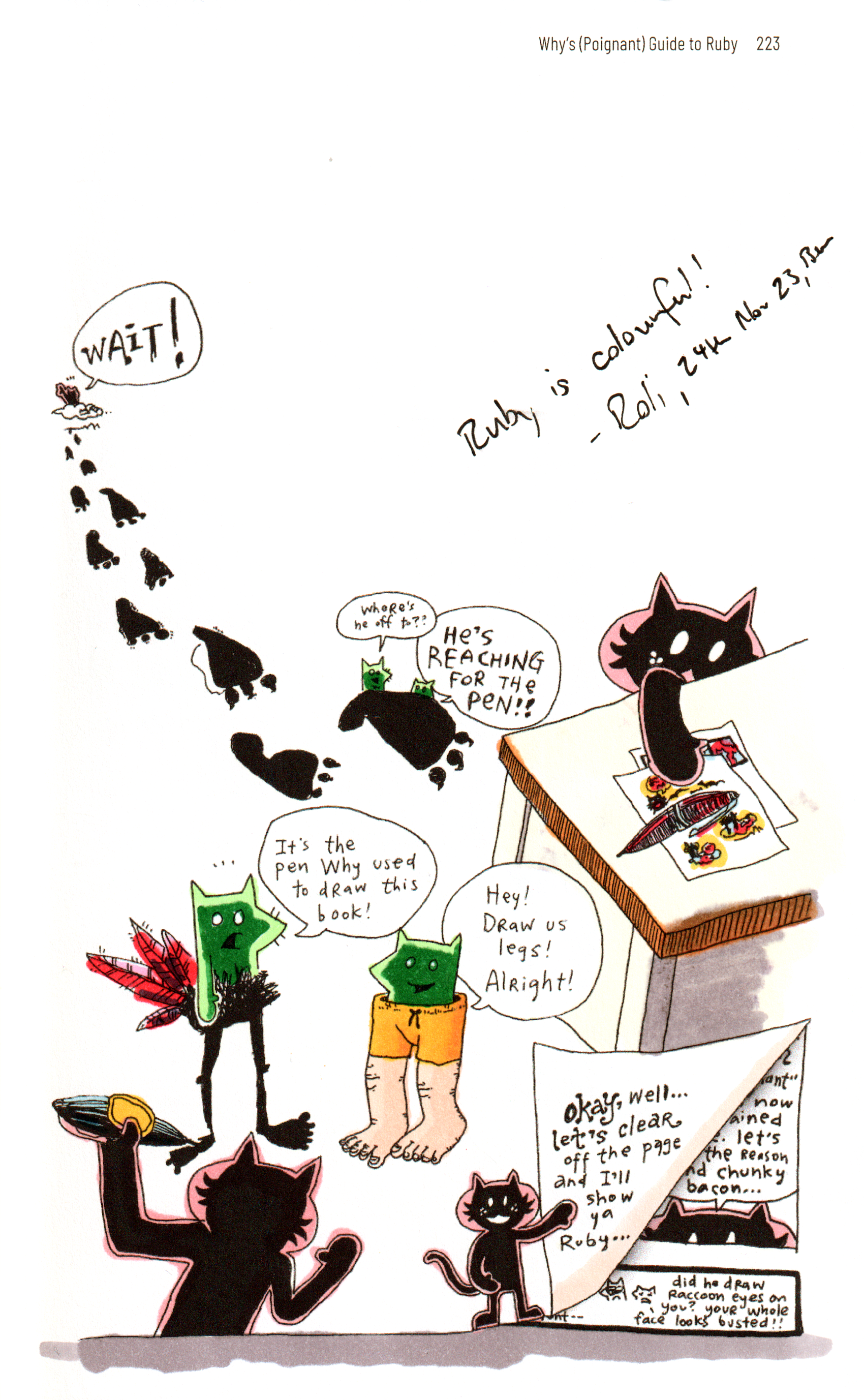 The whole page 223 of why's (poignant) Guide to Ruby, coloured in with markers. Handwritten across the upper right in black pen: "Ruby is colourful! - Roli, 24th Nov 23, Bern".